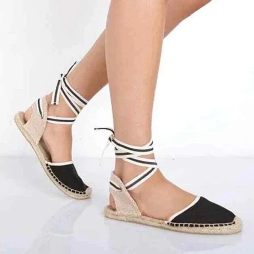 SOLUDOS Lauren Lace Up Espadrille Sandals Ankle Wrap Black Linen US 7.5 coastal